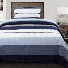 Cozy Line Home Fashions Rolig Bl? Gr? Stribet 100% Bomuld Quilt Senget?j S?t Vendbart Coverlet Senget?ppe (Rendon Twin - 2 stk.)