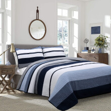 Cozy Line Home Fashions Rolig Bl? Gr? Stribet 100% Bomuld Quilt Senget?j S?t Vendbart Coverlet Senget?ppe (Rendon Queen - 3 stk.)