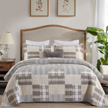 PANGUSHAN Parure de lit king size 100 % coton - Couvre-lit en patchwork carreaux pour lit king size - Tan/gris - Couette rustique - Couvre-lit
