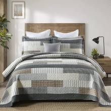 DUOHONG Parure de lit 3 pices pour lit king size - Couvre-lit 100 % coton - Patchwork - Couette rversible lgre - Gris/marron/noir