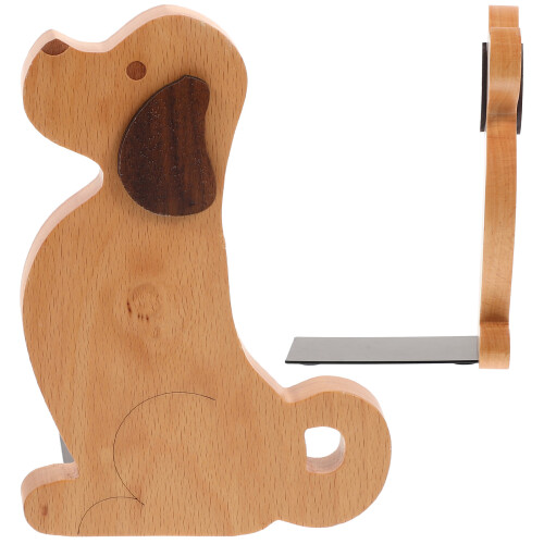 2 einfache holzbuchstützen mit hundedesign,