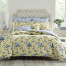 Laura Ashley - Queen Duvet Cover Set Reversible Cotton Bedding with Matching Shams Includes Bonus Euro Shams & Throw Pillow Covers (Cassidy Yellow