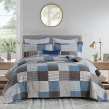 Finlonte Quilt King Size - 100% Bomuld Plaid King Size Dyne S?t Farmhouse Moderne Quilt Senges?t Vendbart Letv?gts Bl?dt Senget?ppe Bl? Brun Quil