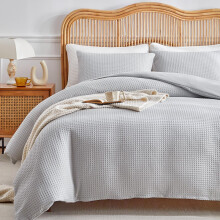 WARMDERN Waffle Weave Queen Size Duvet Cover Light Grey Microfiber Duvet Cover Set Soft and Breathable Comforter Cover Textured 3 Pieces Bedding S