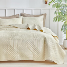 WARMDERN Ultrasone cr?ewit fluwelen dekbedset Kingsize geometrisch getextureerd gestreept patroon Modern beige dekbed beddengoedset Zachte microvezel