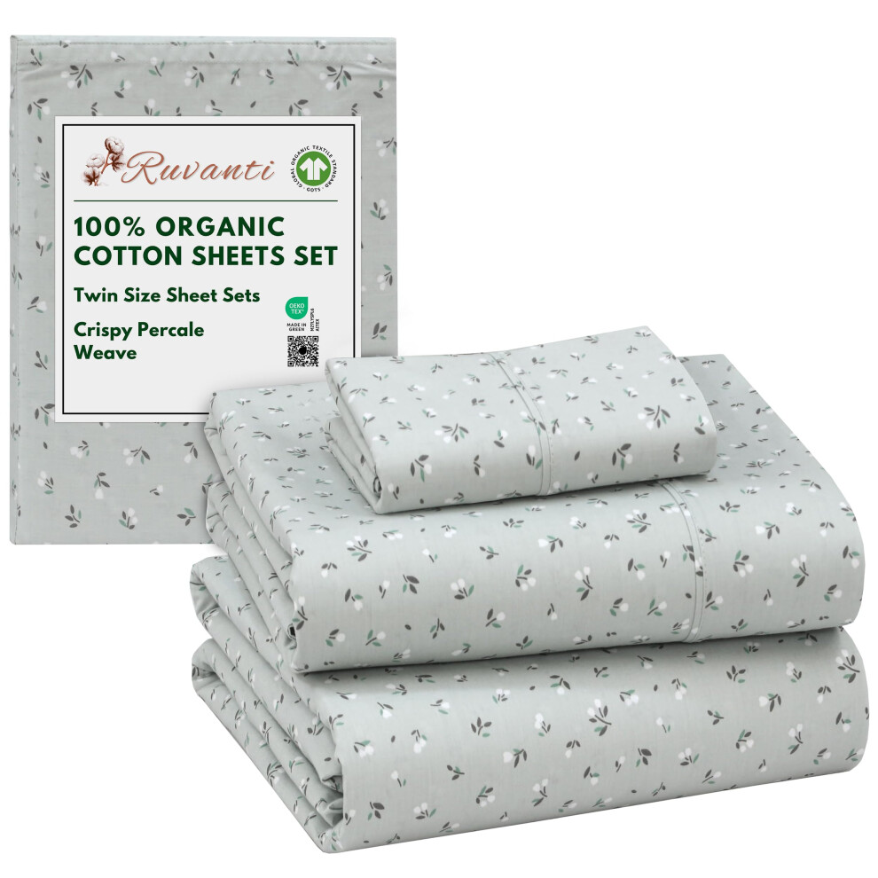 RUVANTI 100% Organic Cotton Sheets Twin Size Percale Weave GOTS Certified 3-Piece Set Deep Pocket 15"""" Crisp & Breathable Soft Durable Bedding-image-OPC-PM92R9S-NEW