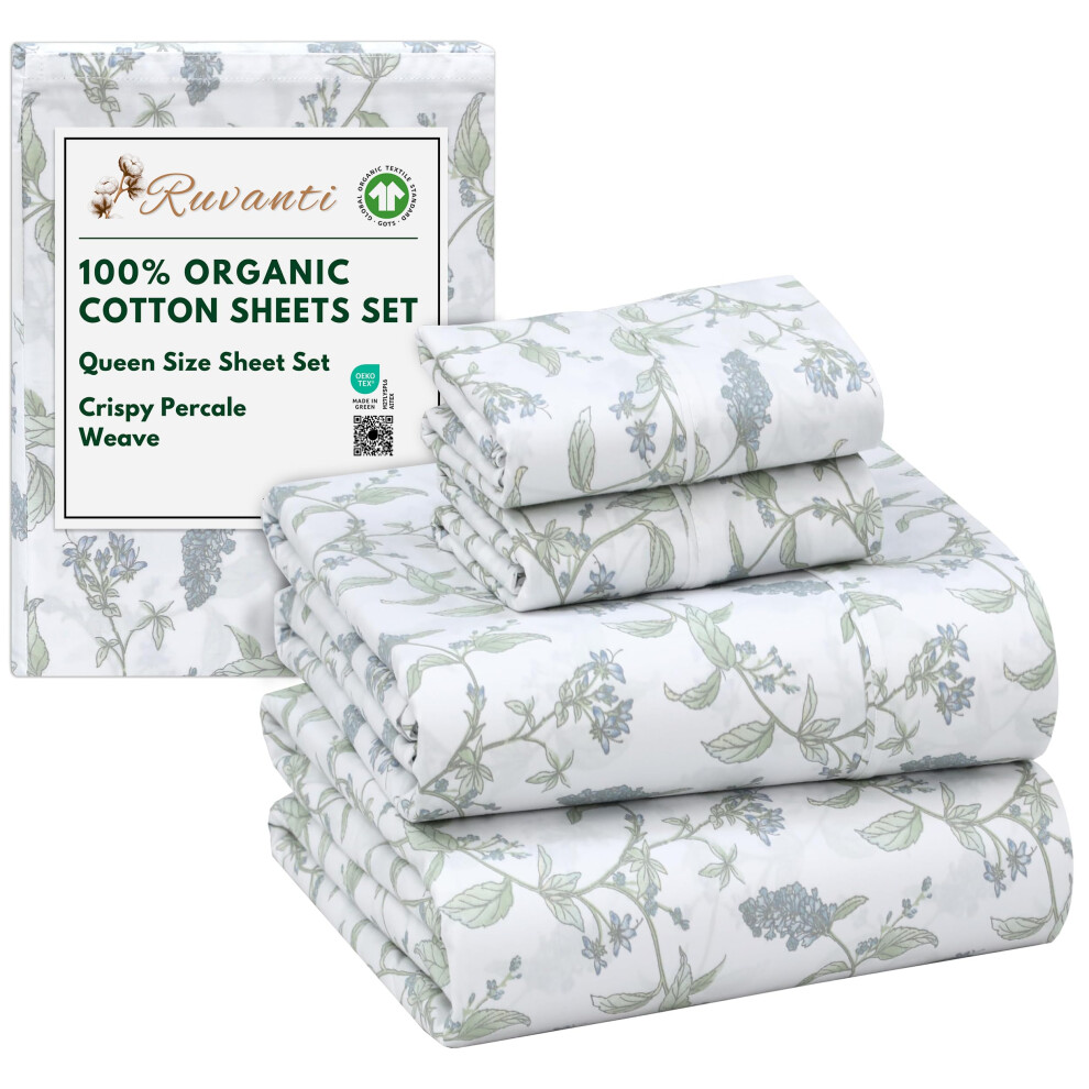 RUVANTI 100% Organic Cotton Sheets Queen Size Percale Weave GOTS Certified 4-Piece Set Deep Pocket 15"""" Crisp & Breathable Soft Durable Bedding-image-OPC-PM92RDQ-NEW