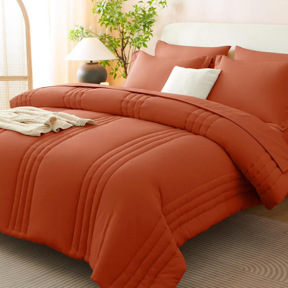 Cozylux Queen Comforter Set - 7 Pieces Bed In A Bag Terracotta Comforters Queen Size Bed Set Soft Burnt Orange Bedding Set With All Seasons Comforte