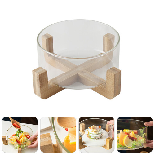 Bowl De Vidrio Transparente Resistente Calor Con Base De Madera 1