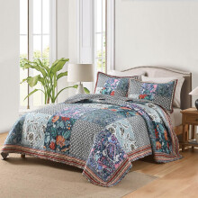 VISIMISI Juego de colcha de algodσn, juego de cama reversible, 3 piezas, colcha vintage floral azul verde azulado con retazos, tamaρo Queen