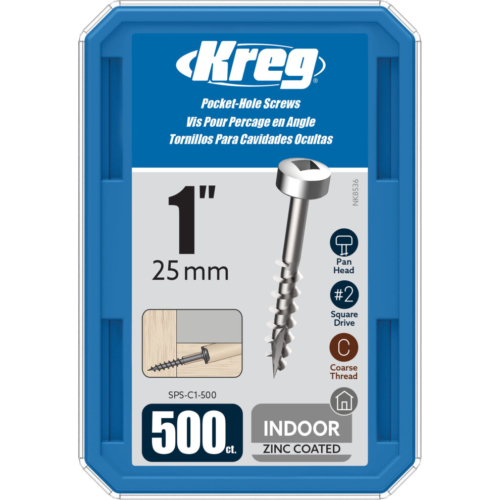 Kreg Sps-C1-500 Zinc Pocket Screws 1-Inch #7 Coarse Thread Pan Head (500 Count) 647096412425