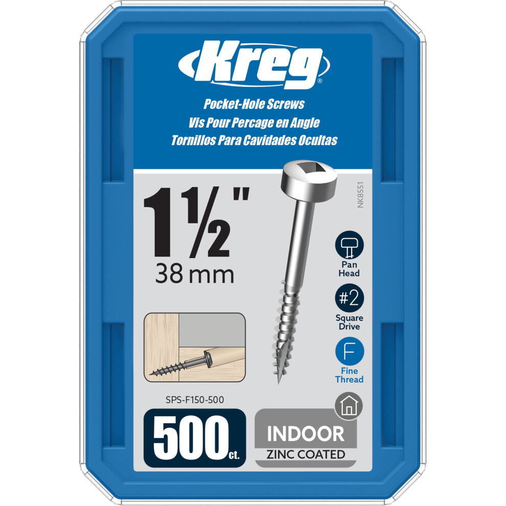 Kreg Sps-F150-500 Zinc Pocket Screws 1-1/2 Inch #6 Fine Thread Pan Head (500 Count) 647096411329