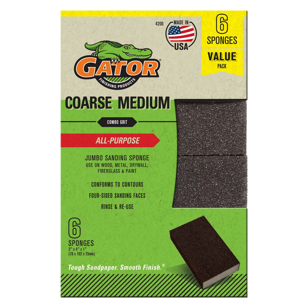 Gator Multi-Surface Sanding Sponge 3"""" X 4"""" X 1"""" 60/80 Grit Coarse/Medium 6 Pack 082354042004
