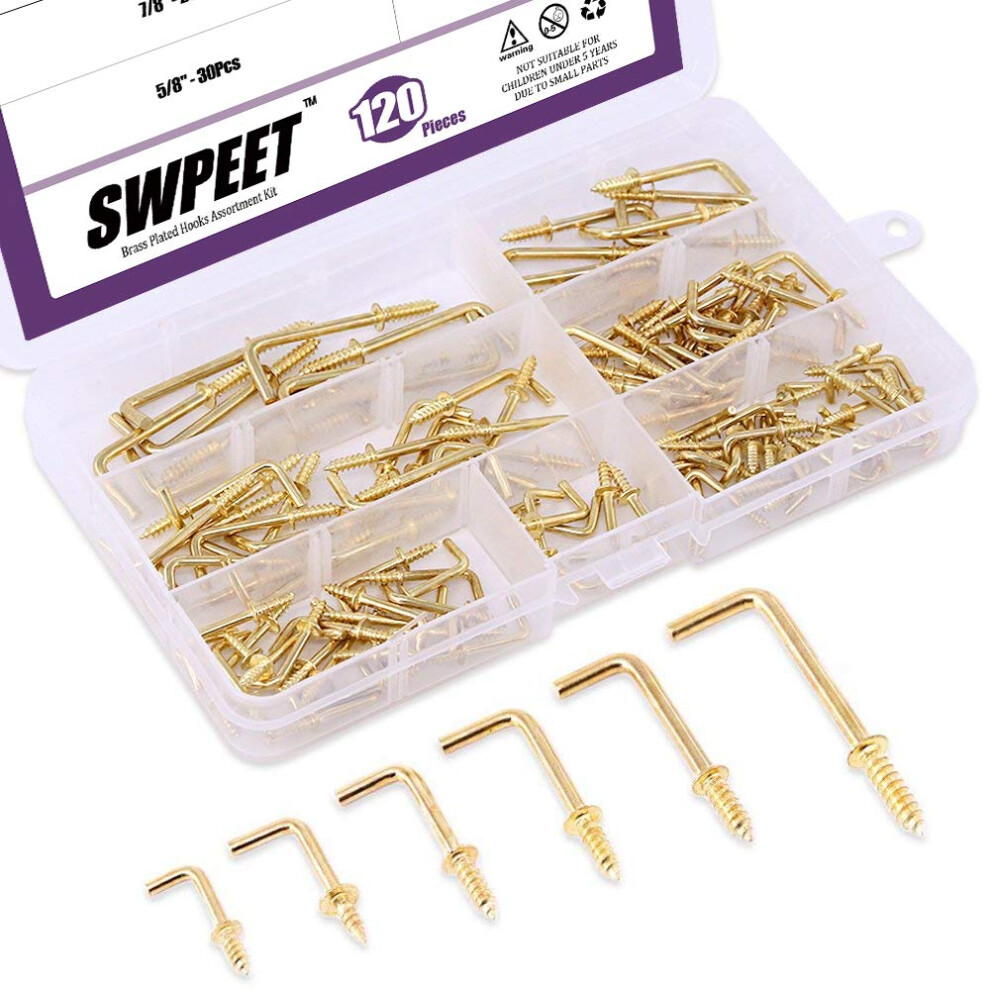 Swpeet 120Pcs 6 Sizes Gold Brass Plated Metal Screw-In Square Bend Hooks Kit Gold Square Bend Hooks Self-Tapping Screws Hooks For Home/Workplace/Off 682838484292