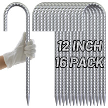 AAGUT 12 tommer armeringsstake J krog 16 stk. 3/8"""" k?deledhegnsp?le Heavy Duty galvaniseret st?l teltp?le Jordankre til h?rd fast jord S?lv
