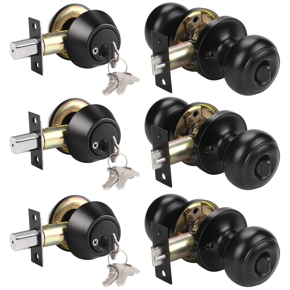 Knobwell 3 Pack Keyed Alike Entry Door Knobs And Double Cylinder Deadbolt Lock Combo Set Security For Exterior And Front Door Keyed Entry Door Locks 715668507678