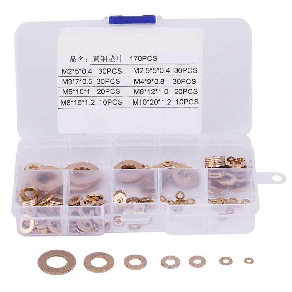 Copper Washer Kit 180Pcs M2/M2.5/M3/M4/M5/M6/M8/M10 Round Brass Flat Ring Washer Assortment Set 735752733127