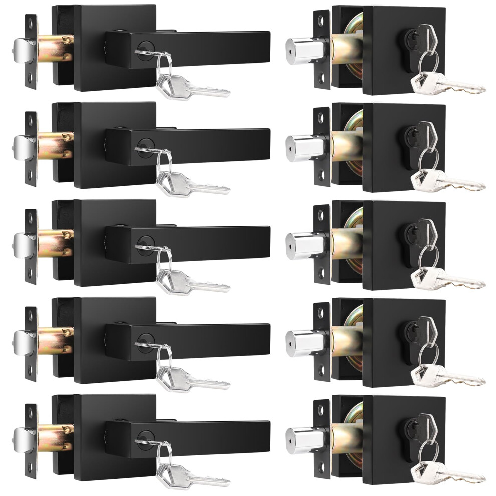 Knobwell 5 Pack Matte Black Heavy Duty Entrance Lever Door Handle With Matching Square Deadbolt (For Office And Front Door) Keyed Alike Reversible 715668774537
