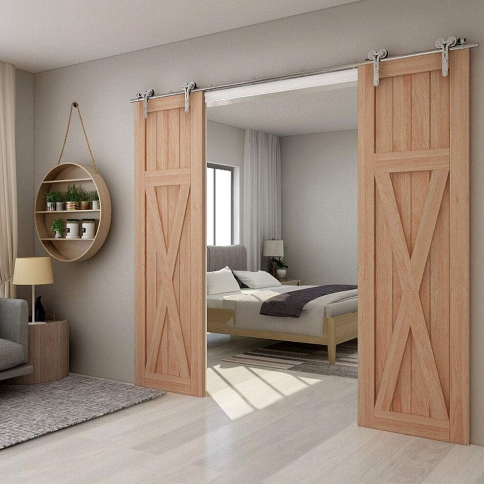 Tsmst 7Ft Sliding Barn Door Hardware Kit Stainless Steel Heavy Duty Sturdy Barn Door Track For Double Wood Door Slide Smoothly Quietly (Y Style) 6973582916899