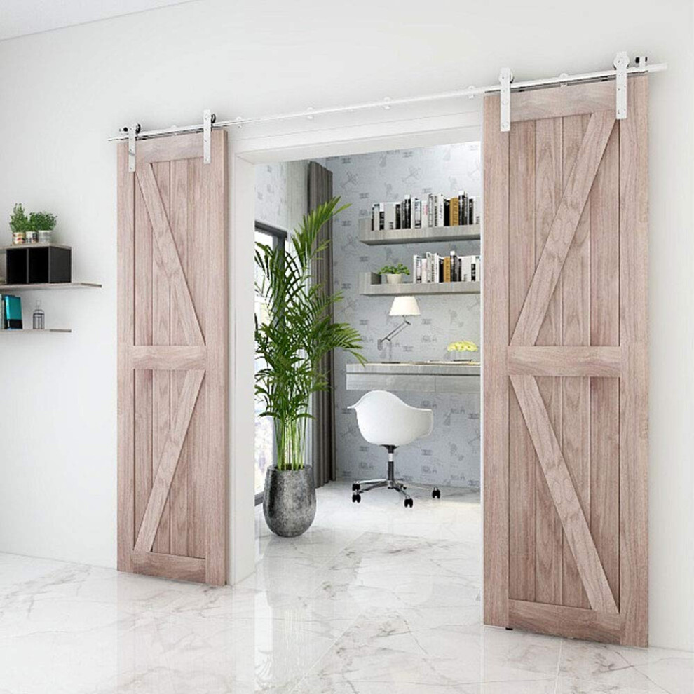 Tsmst 10Ft Sliding Barn Door Hardware Kit Stainless Steel Heavy Duty Sturdy Barn Door Track For Double Wood Door Slide Smoothly Quietly (L Style) 6973582916653
