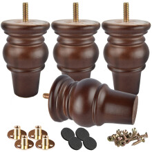 4 inch Solid Wood Furniture Legs, Btowin 4Pcs Wooden Turned Bun Feet with Threaded 5/16'' Hanger Bolts & Mounting Plate & Screws for Sofa Couch Chair