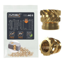 ruthex Inserti filettati M3 corti - 100 pezzi RX-M3Sx4.0 Inserto termofissato in ottone per parti in plastica - Dadi zigrinati metrici - Inserisc