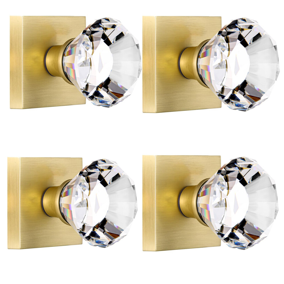 Hiemey 4 Pack Closet And Hall Dummy Door Knob Interior Inactive Clear Glass Crystal Door Knobs Set Gold Non-Turning Door Knobs Diamond Shape Satin 605556587243