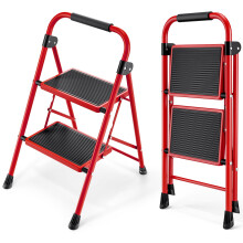 KINGRACK Step Ladder Folding Ladder with Non-Slip and Wide Pedal Small Ladders with Handle Heavy Duty Steel Ladder Lightweight Step Ladder (Red