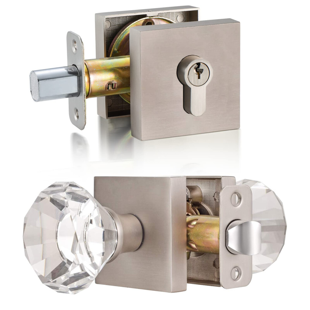 Hiemey Glass Crystal Diamond Door Knobs And Single Cylinder Deadbolt Set Brushed Nickel 605556587380
