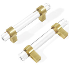 BonKuDoo Maniglie per cassetti in vetro trasparente e cristallo dorato, 7,6 cm, in ottone spazzolato, maniglie per cassetti (76 mm, confezione da