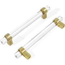BonKuDoo 5-calowe złote uchwyty do szafek, szuflady z przezroczystego szkła kryształowego, uchwyty ze szczotkowanego mosiądzu (128 mm, 5 szt.)