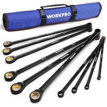 WORKPRO Extra dlouh sada rcnovch klcu Sada 10dlnch protiskluzovch dvojitch nstrckovch klcu metrickch 8-19 mm 72zubov Cr-V ocelov a cern