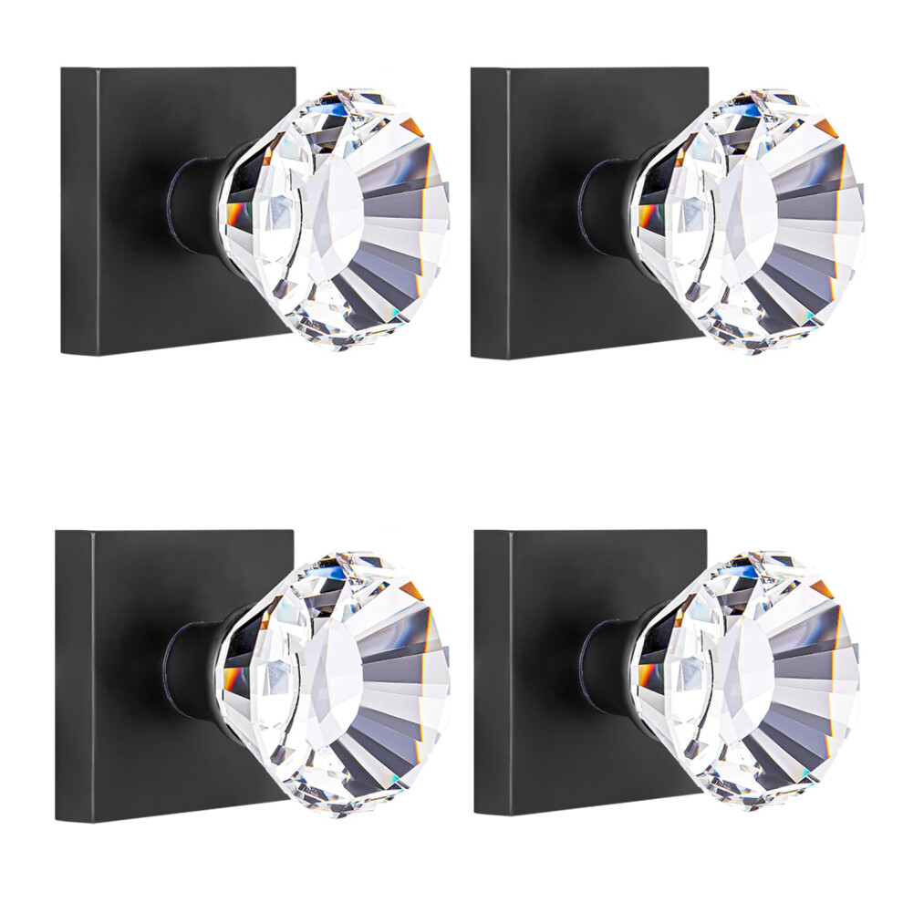 Hiemey Matte Black Glass Crystal Hall Closet Dummy Door Knob Interior Diamond Non-Turning Inactive Dummy Clear Door Knob 4 Pack 658359054030