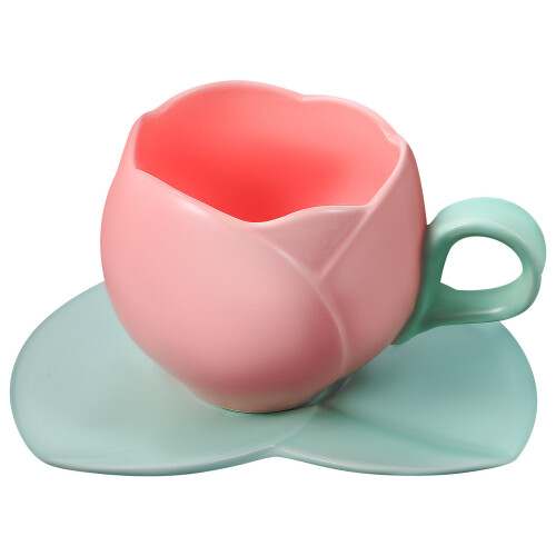 2-teiliges Keramikbecher-Set mit Unterteller, Tulpenmuster 1