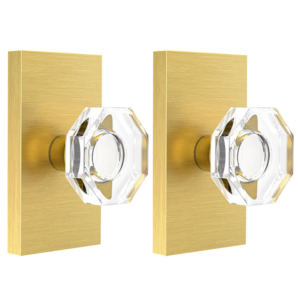 Shiny Handles 2 Pack Crystal Door Knobs Gold Dummy Knob Glass Interior Single Sided Decorative Octagonal Satin Brass 639395278918