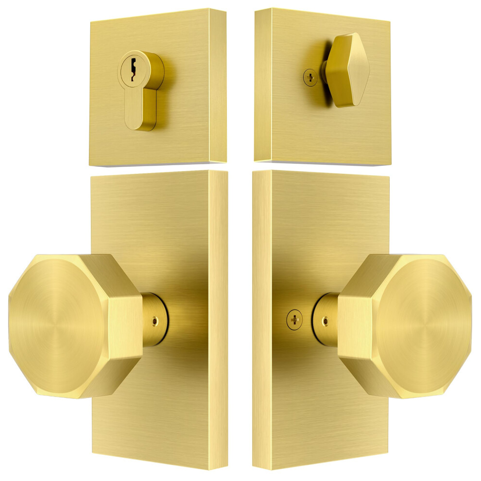 Shiny Handles Entry Door Knob With Lock And Key Gold Exterior Door Knobs With Deadbolt Lock Set Satin Brass Heavy Duty Doorknob Octagonal Rose 639395278789