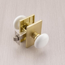 NCL White Door Knob Satin Brass Porcelain Door Knobs Interior Rectangle Door Levers for Bedroom and Bathroom Privacy Door Handles with Lock
