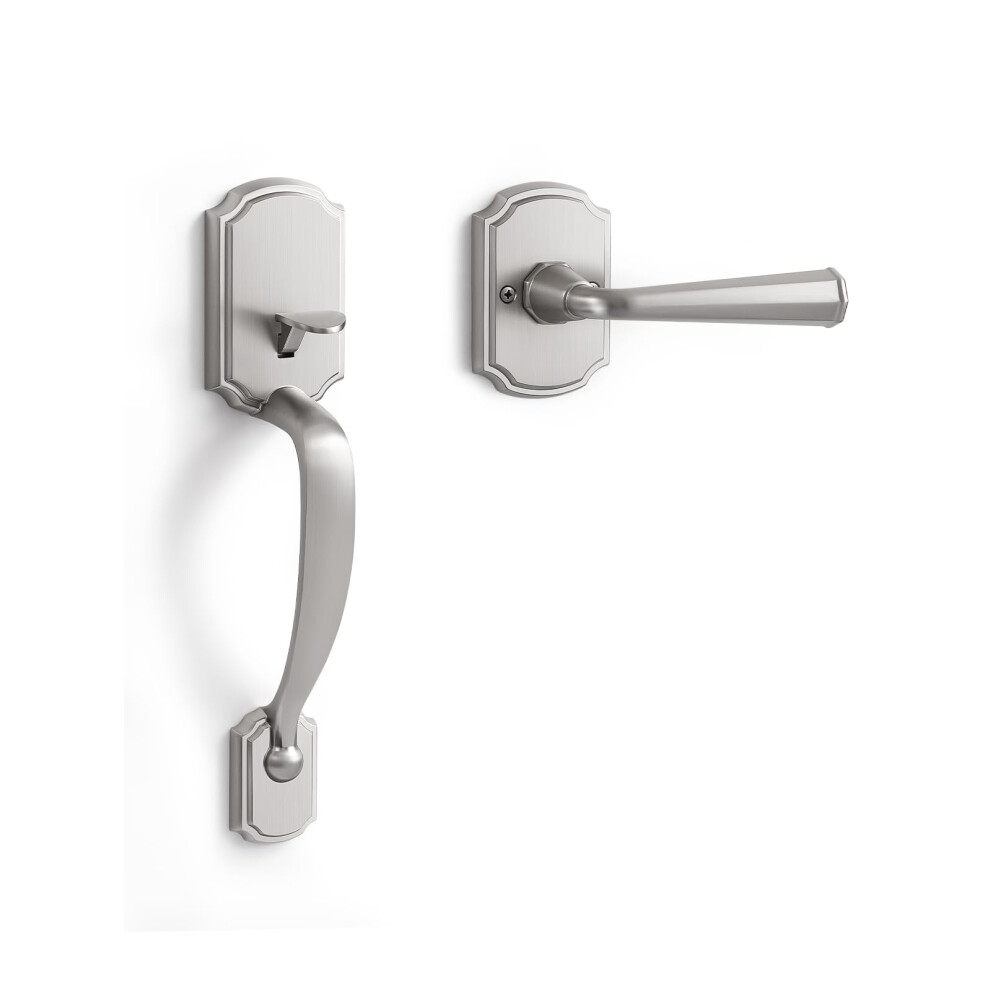 Sorwduerm 1 Pack Brushed Nickel Front Door Handle Reversible Lever Entry No Lock Handleset Single Cylinder Entry Way Door Handle 766997522139