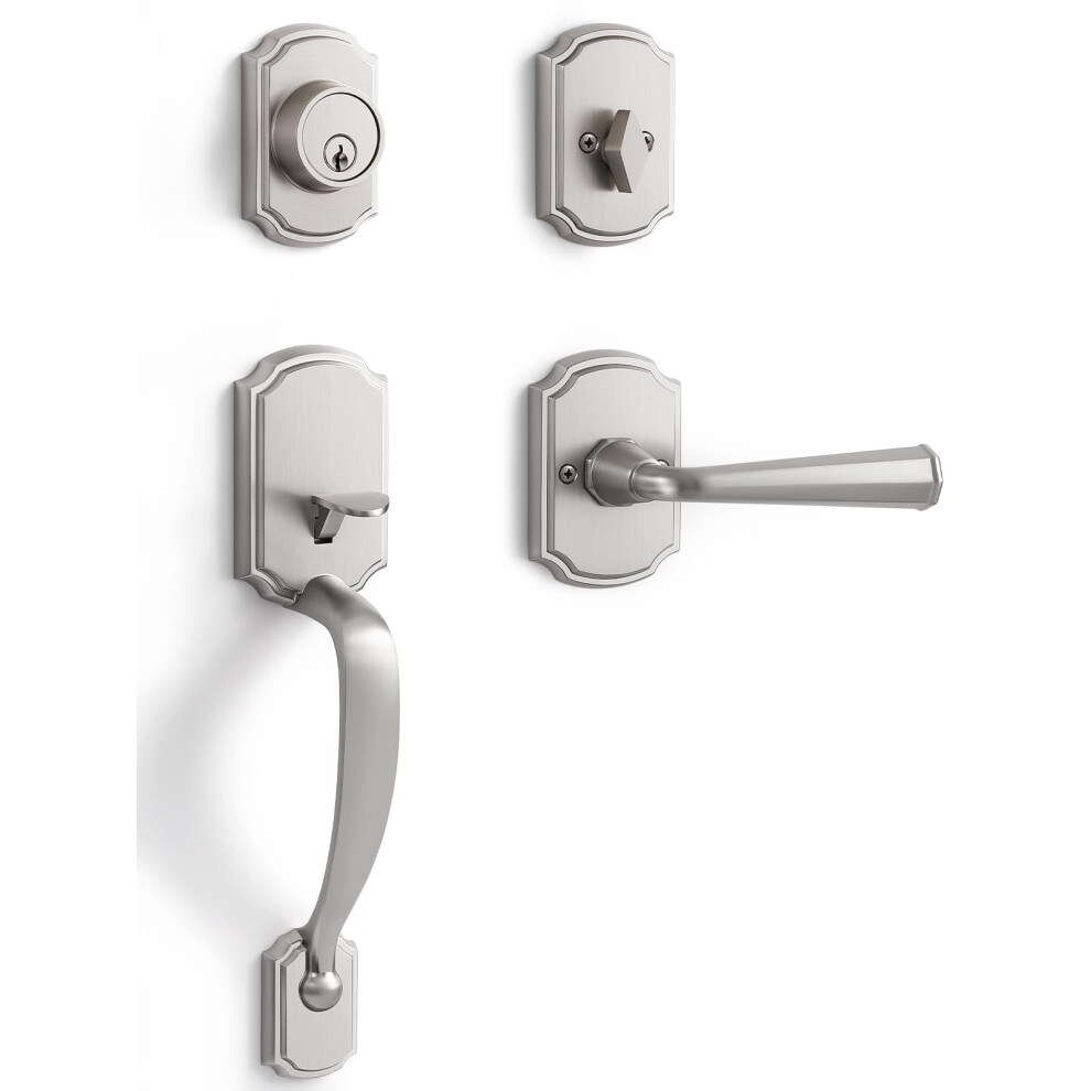 Sorwduerm 1 Pack Brushed Nickel Front Door Handle And Deadbolt Set Reversible Lever Entry Lock Handleset With Key Single Cylinder 769643835614