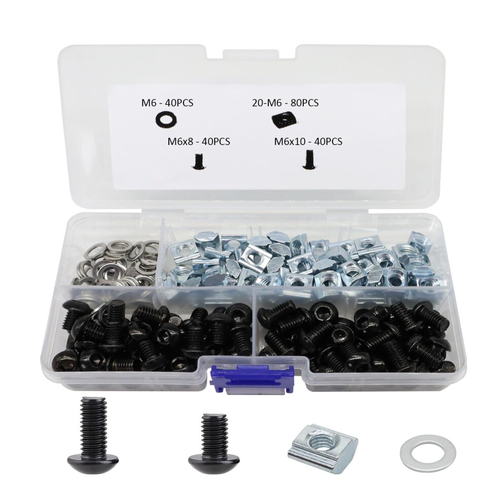 Forrcky 200Pcs 2020 Aluminum Extrusion Profile With M6 T Slot Nuts And Bolts Screws T Slide Nut M6x8 10Mm Washers For 2040 20 Series Extruded Hard 752496696518