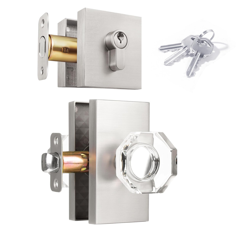 Hiemey Octagon Glass Crystal Door Knobs And Single Cylinder Deadbolt Set Brushed Nickel 635408121967