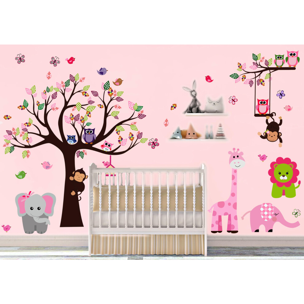 Jungle Baby Nursery Wall Decal Peel & Stick Colorful Owl Giraffe Lion Animal Wall Stickers For Kids Room Pink Dekosh