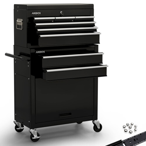 AREBOS AREBOS 9-Drawer Combo Tool Cabinet Garage Tool Chest with Wheels Workshop Tool Storage Lockable Black