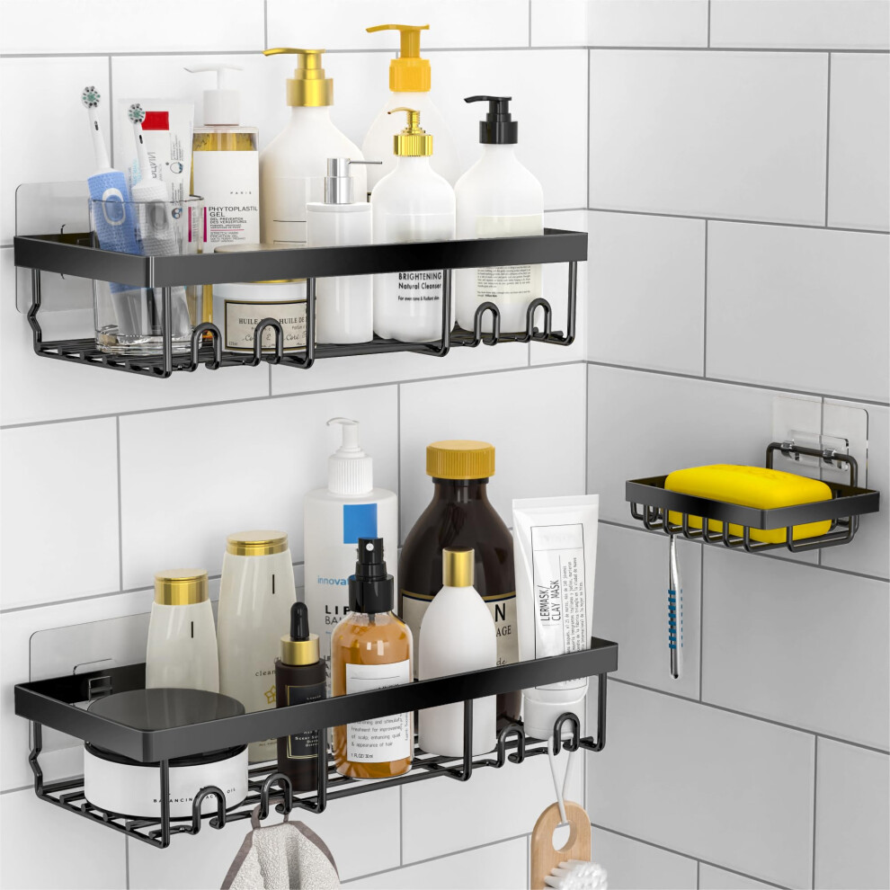 Moforoco 3-Pack Shower Caddy Basket Shelf With Soap Holder No Drilling Traceless Adhesive Shower Wall Shelves Rustproof Bathroom Shower Stora Black