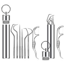 7 pices 2 ensembles de cure-dents portables en acier inoxydable ensemble de poche Kit de nettoyage de cure-dents en mtal rutilisable avec supp
