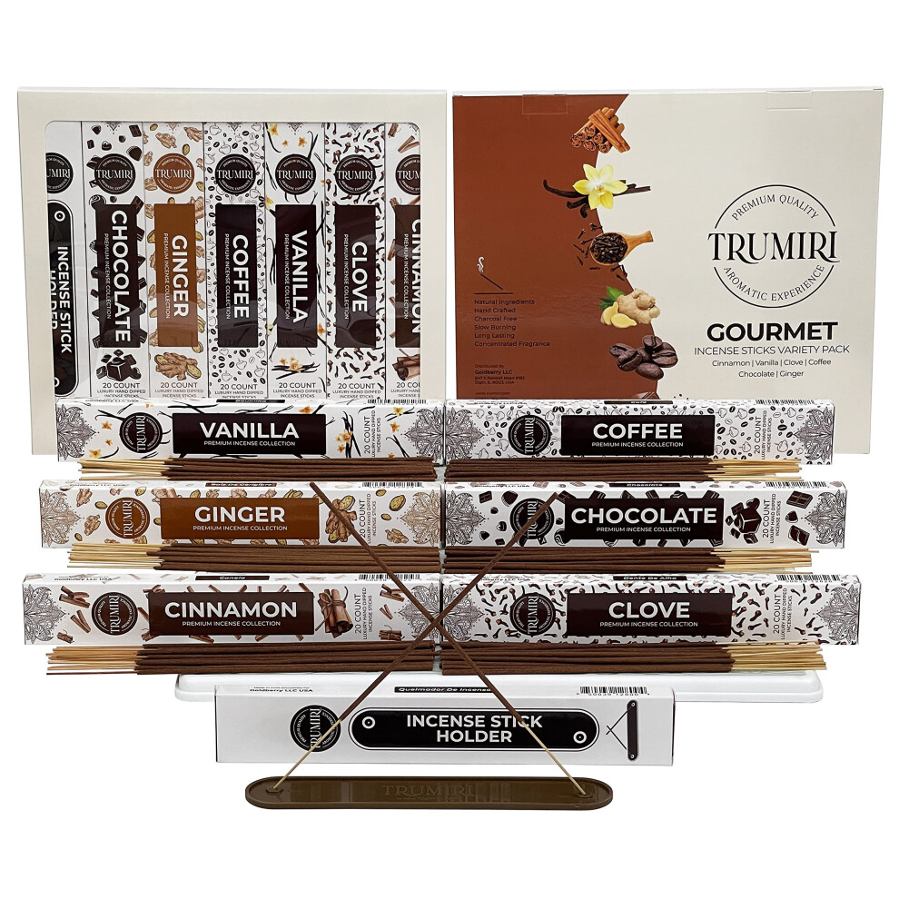 Gourmet Incense Sticks Variety Pack - 120 Insence-Sticks (6 Incents x 20 Insense) - Cinnamon Vanilla Coffee Chocolate - Natural Inscents-Sticks Non T-image-OPC-PM99V8F-NEW