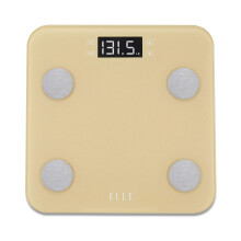 ELLE Bαscula digital de peso corporal con analizador de IMC y 7 indicadores de fitness Pantalla LCD dorada Plataforma de vidrio templado de capac