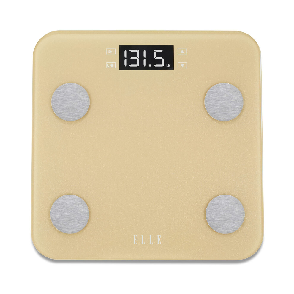 Elle Gold Digital Body Weight Scale With Bmi Analyzer And 7 Fitness Indicators Lcd Display 400 Lbs Capacity Tempered Glass Platform