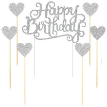 PALASASA Lot de 7 dcorations de gteau Happy Birthday avec lettres dores paillettes Happy Birthday et toile d'amour (argent)