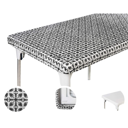 TopTableCloth 8ft 96 x 30 inch Black Patterned Plastic Rectangle Tablecloths Elastic Corner Vinyl Christmas Tablecloth Fitted Rectangular Folding Pic